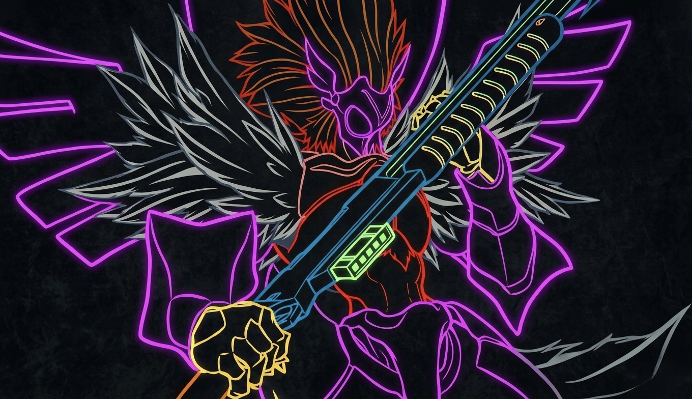 Neon outlined winged swordsman playmat design