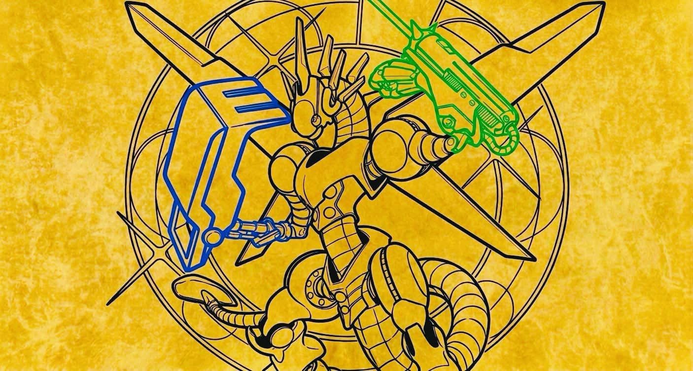 Golden mech insect playmat design