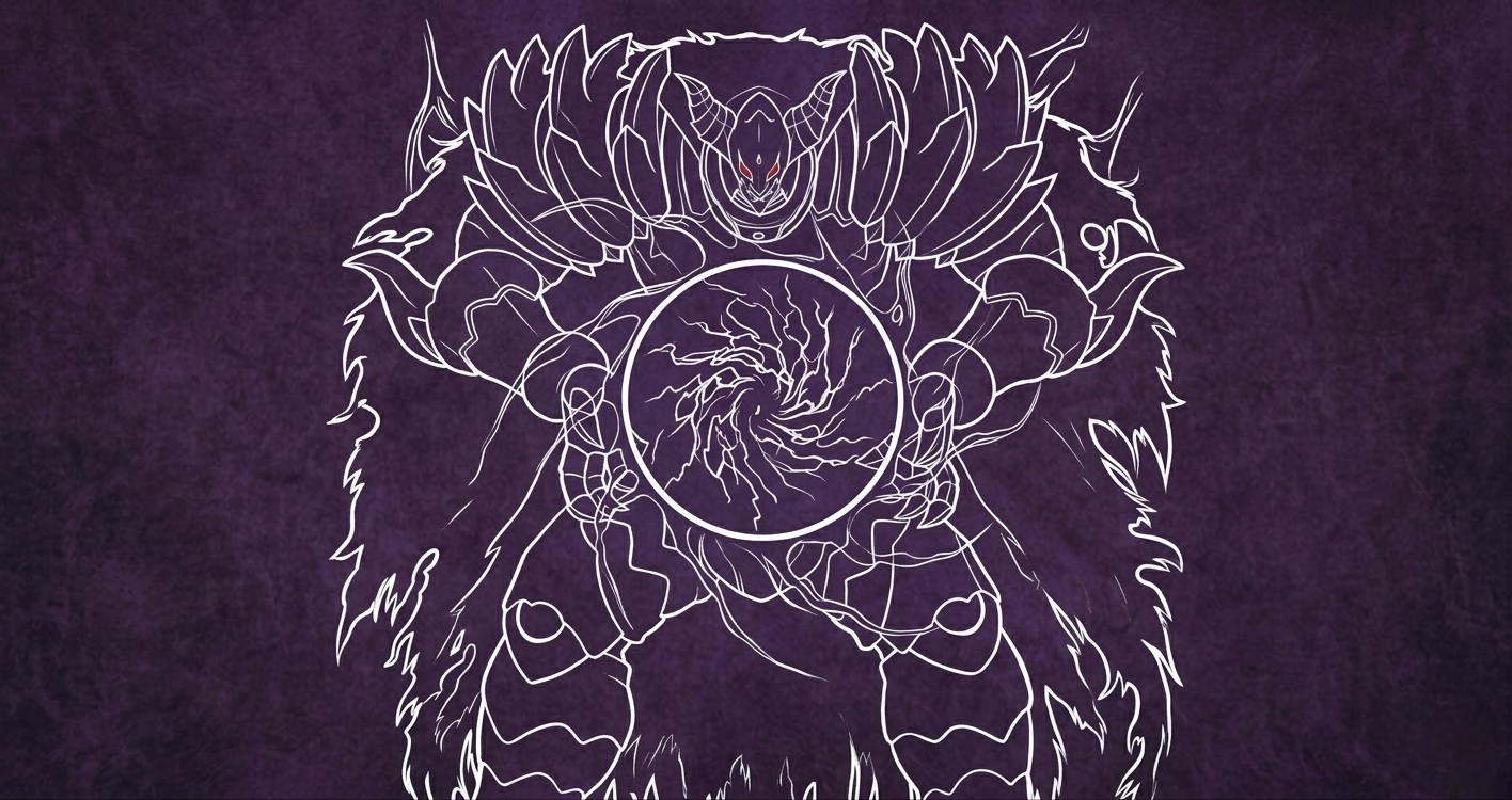 White line-art armored fiend on purple playmat design