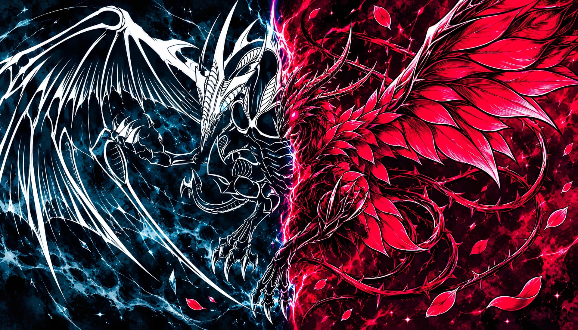 Split black and red dragon playmat design