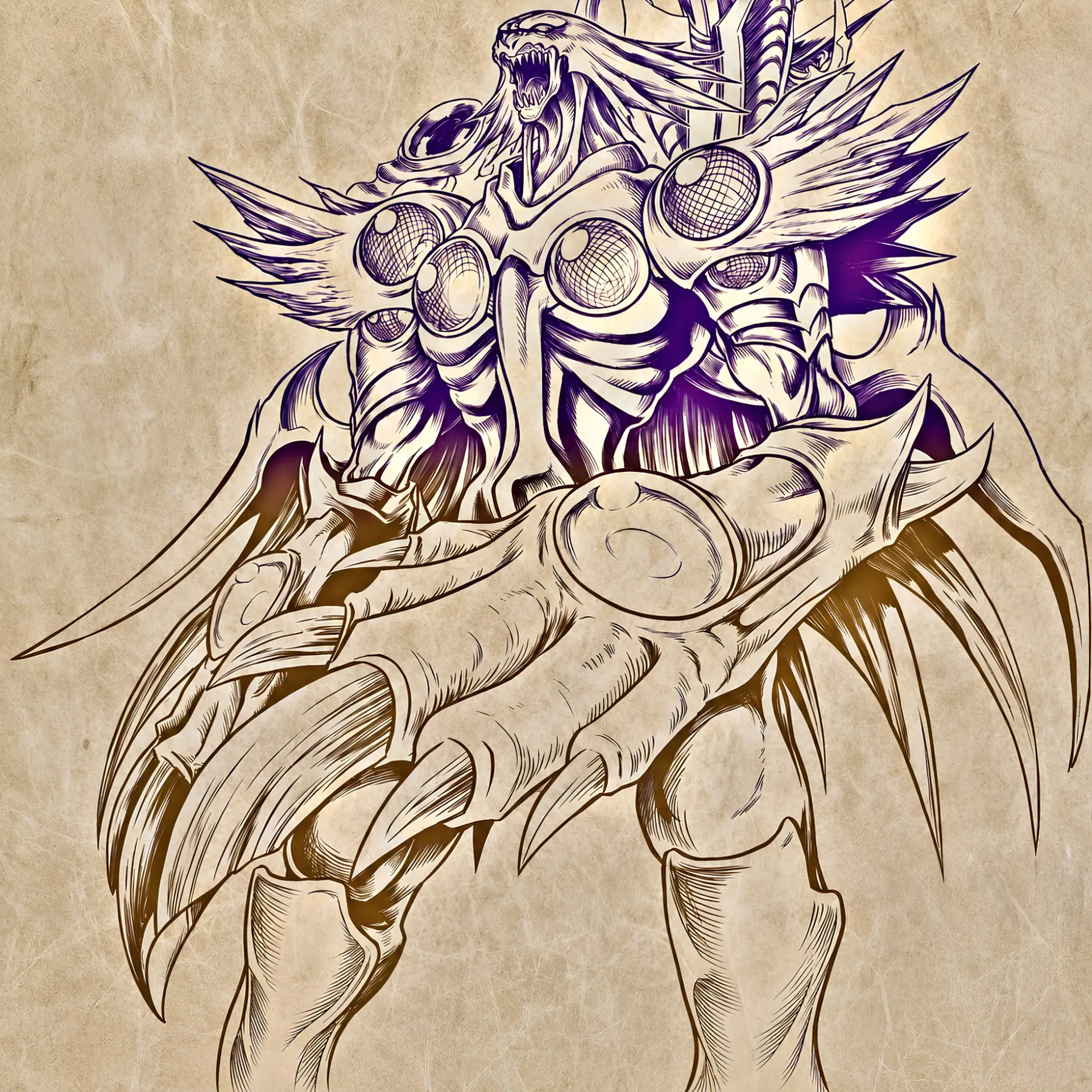 Purple winged beast line-art playmat design