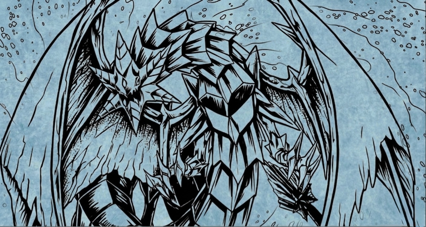 Icy blue armored dragon line-art playmat design