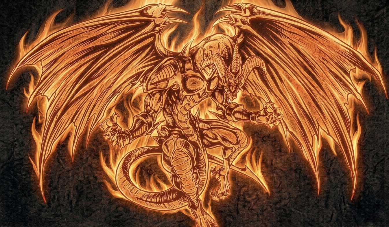 Flaming winged dragon playmat design in fire tones
