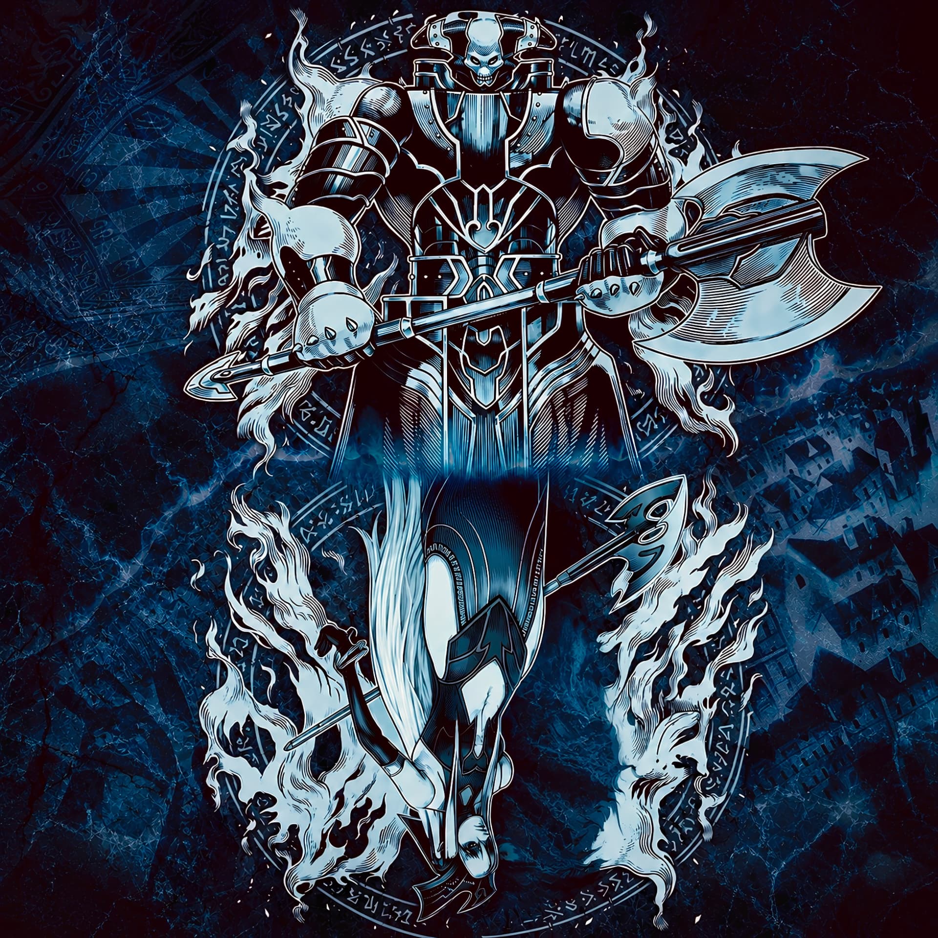 Blue flaming knight playmat design